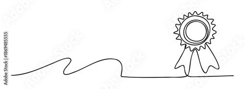 Simple continuous line drawing of an award rosette with flowing ribbons symbolizing achievement and success, perfect for marketing materials, certificates, or educational resources.