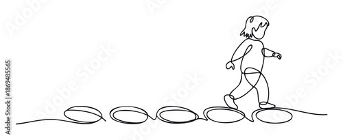 A flowing line drawing of a small kid making progress by stepping on a sequential path of abstract loop shapes, ideal for depicting childhood milestones, educational paths, or forward