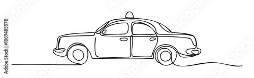 A continuous line drawing of a classic taxi cab creating a dynamic visual for transportation services, urban travel themes, and journey related promotions.