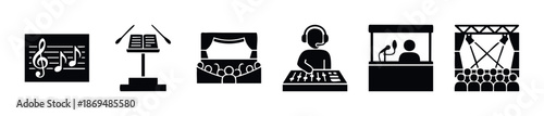 A comprehensive collection of live event and performance icons depicting music, theater, sound engineering, public speaking, and stage production for various media projects