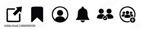 Essential interface symbols including share bookmark profile notification and add user group icons for various application layouts and content display systems