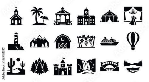 A curated collection of destination and activity silhouette icons, including landmarks, nature, and recreational themes, for travel applications, tourism marketing, and adventure planning.