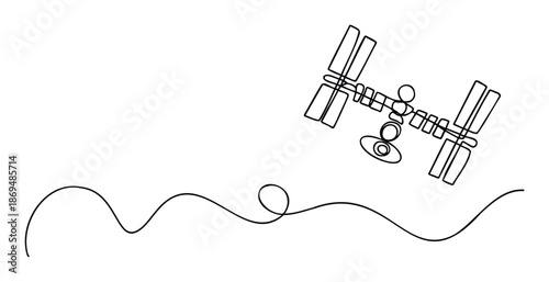 Single line illustration featuring an orbital space station connected by a dynamic curving trajectory suitable for conveying concepts of journey discovery and technological advancement