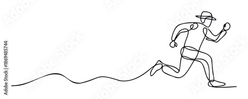 Minimalist continuous line drawing of a running man wearing a hat, symbolizing progress and dynamic motion, perfect for modern brand identity or motivational graphics.
