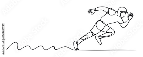 Dynamic continuous line drawing of an athlete in motion, capturing the intense energy of a runner sprinting forward, ideal for sports marketing materials and fitness promotion graphics.