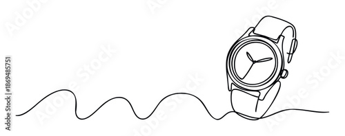 Minimalist continuous line drawing of a modern wristwatch connected to a flowing wavy line representing time or progress, perfect for contemporary graphic design or conceptual projects