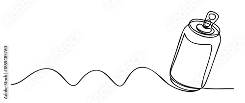 Single continuous line drawing of an aluminum beverage can with a wavy path extending to the left, perfect for sleek packaging designs, modern product branding, or contemporary refreshment