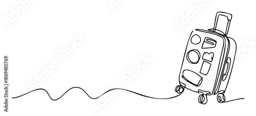 Single continuous line drawing of a rolling suitcase with an extended handle, illustrating a journey or travel adventure, perfect for vacation promotions and travel themed graphics