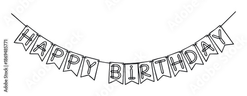 Simple black line art happy birthday pennant banner for cheerful party decorations festive event celebrations and greeting message displays