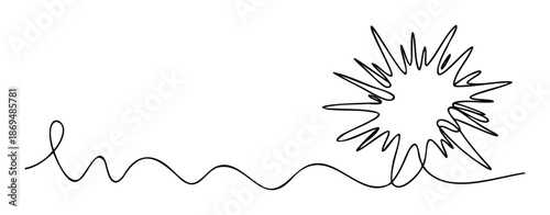A dynamic continuous single line drawing evolving from a wavy path into an energetic starburst shape, perfect for modern graphic design, visual communication, and expressive brand messaging.