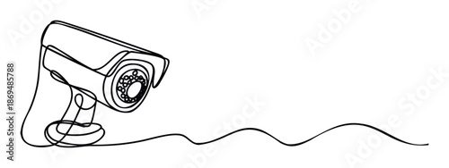 A minimalist security camera drawn with a single continuous line representing constant monitoring and modern surveillance technology for security awareness presentations.