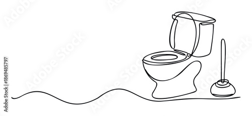 A minimalist continuous line drawing featuring a toilet with an open lid and a plunger, representing plumbing, hygiene, or household maintenance themes.
