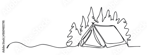Continuous line drawing of a minimalist camping scene featuring a tent among stylized trees with a campfire, perfect for travel promotions or outdoor adventure themed content.