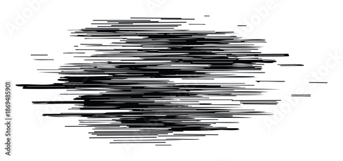Dynamic abstract composition of numerous irregular horizontal black lines forming a central visual element, perfect for contemporary graphic design, technologythemed media, and distinctive