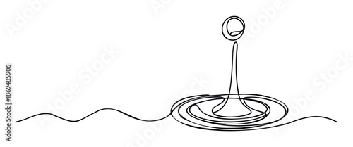Continuous line drawing captures the dynamic moment of a water drop impacting a surface and creating expanding ripples, perfect for environmental branding or abstract liquid concepts.