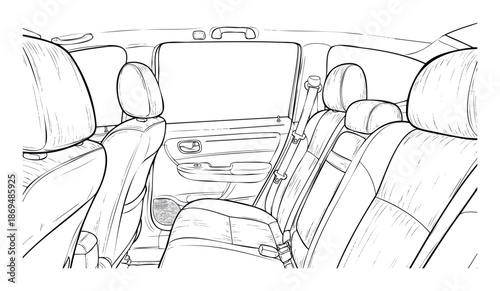 Monochrome line drawing showcasing the back passenger seats and door interior of a car, perfect for vehicle repair manuals or transportation related informational content.