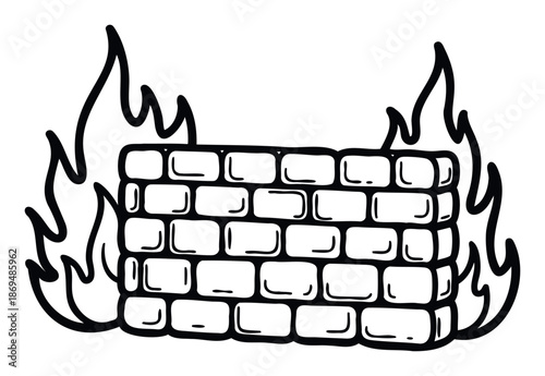 A simple black and white line drawing of a brick wall surrounded by flames, symbolizing digital security and protection, ideal for tech presentations and cybersecurity articles