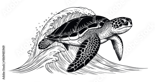 Dynamic sea turtle swimming through powerful ocean waves, perfect for use in surfing apparel designs, marine conservation campaigns, and travel industry promotions