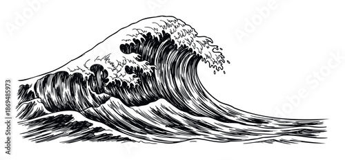 Dynamic hand drawn ocean wave capturing the powerful movement and raw energy of the sea, perfect for marine themed graphics, adventure travel designs, or nautical publication layouts