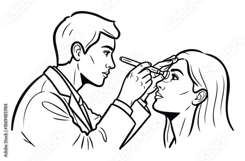 Optometrist performing an eye examination on a patient, checking their vision during a routine checkup, perfect for medical clinics and healthcare advertisements