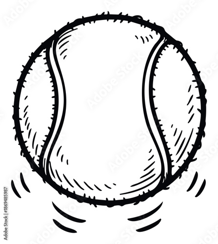 Hand drawn black and white tennis ball sketch with dynamic lines representing bouncing movement for sports apparel branding or game promotion graphics