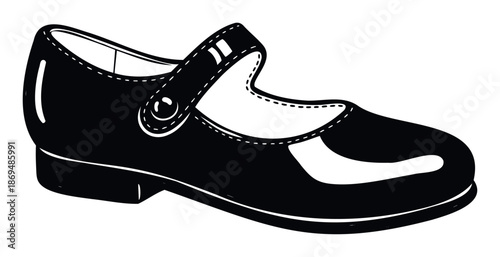 Sleek black shiny Mary Jane shoe with a sophisticated design for a timeless footwear collection or a classic uniform accessory visual representation