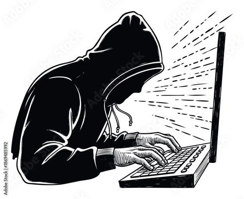 Mysterious hooded figure intensely typing on a glowing laptop keyboard, symbolizing cyber security, anonymous online activity, digital crime, or technological threats for various
