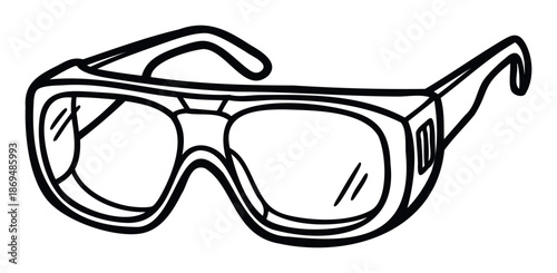 Black outline drawing of protective safety glasses for industrial workplace and construction site eye protection equipment and science laboratory education needs