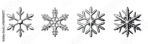 A collection of unique intricate snow crystal designs perfect for festive winter holiday greeting cards, seasonal celebration decorations, and frosty weather promotional materials.