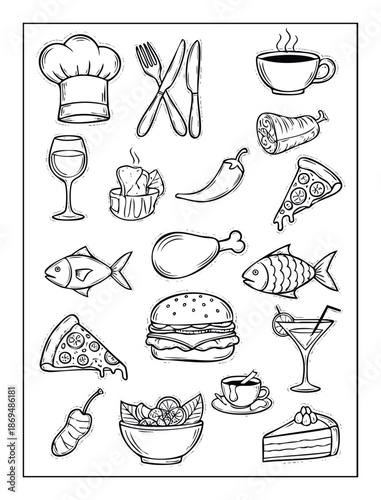 Black and white hand drawn sketch collection of various restaurant menu items and kitchen tools perfect for food blogs restaurant branding or cooking class advertisements