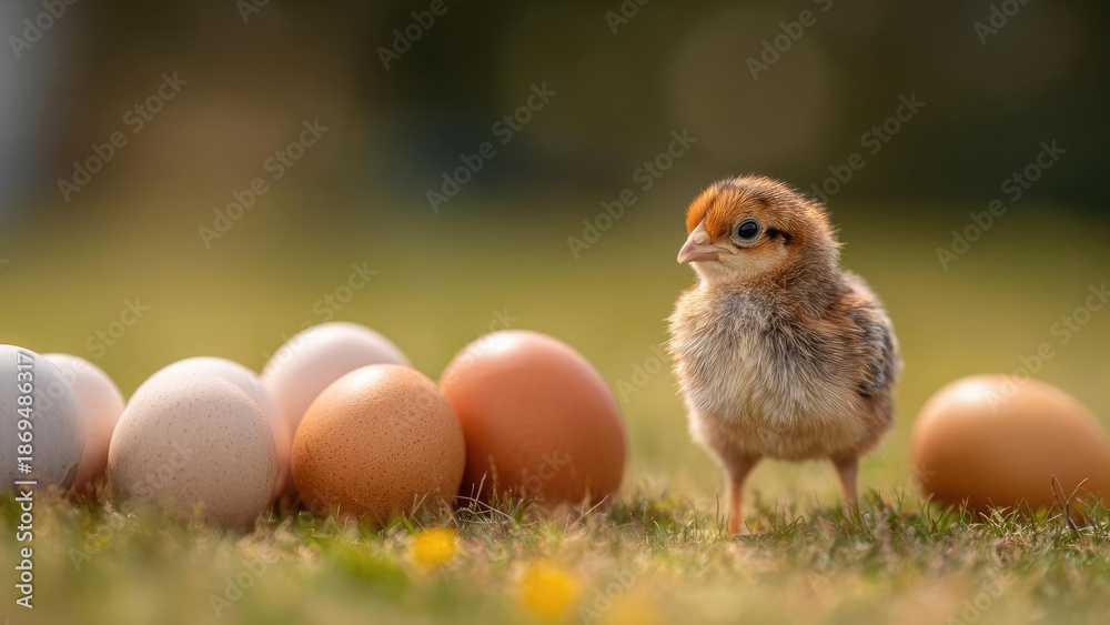 Fototapeta premium A fluffy baby chick standing beside a cluster of brown and white eggs on a grassy field. Concept Baby chick, Brown and white eggs, Grassy field, Farm life, Springtime