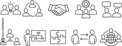 Teamwork and leadership icons set. Collaboration, partnership, business growth and people management outline symbols