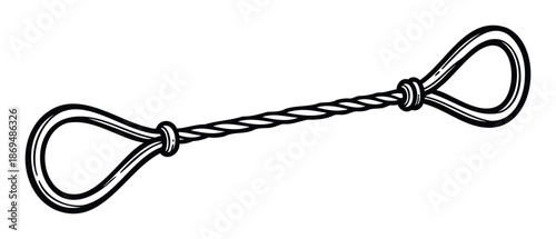 Versatile black and white handdrawn twisted rope with a loop and knot on each end, ideal for nautical themes, securing objects, or representing strength and connection in various graphic
