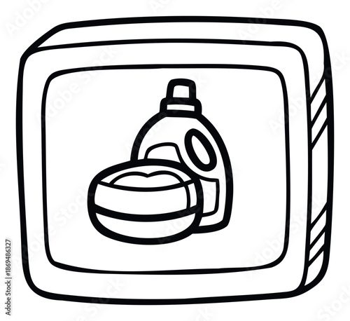 Essential laundry supplies featuring a liquid detergent bottle and washing powder bowl, perfect for household cleaning product packaging and domestic chore themed digital applications.