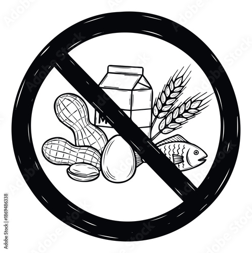 A universal warning sign indicating common food allergens like peanuts, milk, wheat, egg, and fish, perfect for informing consumers about dietary restrictions and allergy prevention