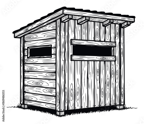 Rustic wooden hunting blind with an angled roof and viewing windows, perfect for outdoor recreation and wildlife observation projects or naturethemed publications.