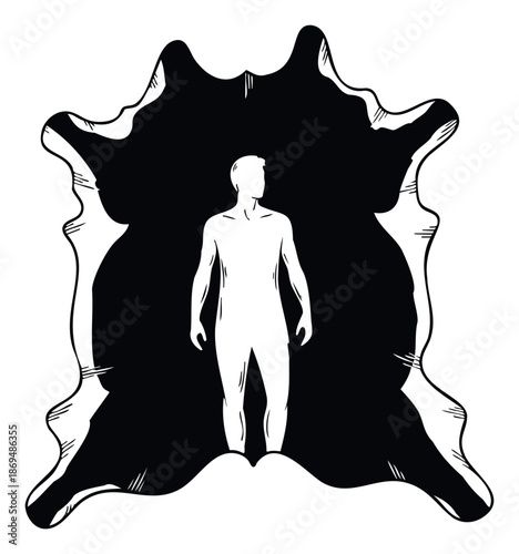Minimalist graphic presenting a human figures silhouette standing within a stylized animal hide outline, perfect for conveying themes of primal instinct, connection to nature, or
