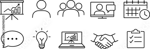 Teamwork and leadership icons set. Collaboration, partnership, business growth and people management outline symbols