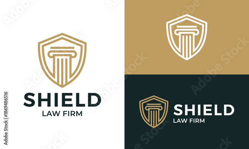 Creative legal shield logo design template illustration with pillar law design vector icon symbol