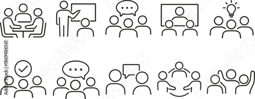 Teamwork and leadership icons set. Collaboration, partnership, business growth and people management outline symbols