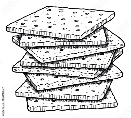 Stack of savory snack crackers with a textured surface and distinct layering presented as a hand drawn sketch perfect for food blogs or recipe promotions