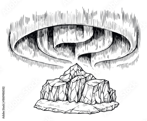 Majestic aurora borealis light display above a rugged mountain landscape or iceberg formation rendered in a vintage engraving style suitable for nature and adventure themed projects