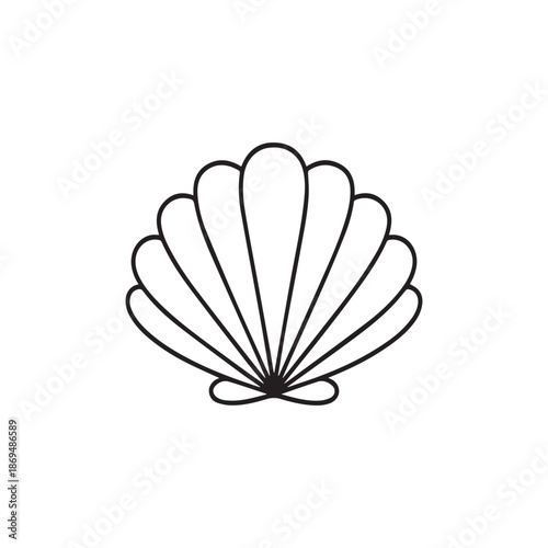Minimalist black line seashell icon with clean symmetrical outline. Simple marine shell symbol in flat linear style, suitable for logos, packaging, tattoo design, prints, and coastal branding.