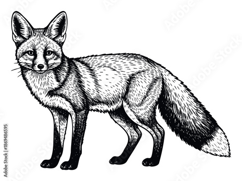 Detailed black and white engraving of a wild fox standing in a natural pose, perfect for wildlife education, conservation campaigns, or rustic themed graphic design applications