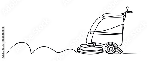 Continuous line drawing of a floor scrubber machine leaving a wavy trail, suitable for facility maintenance service promotions and industrial hygiene solutions advertising campaigns.