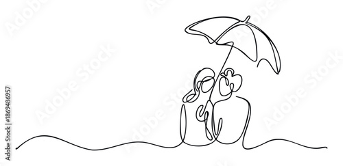 Minimalist one line illustration of a loving couple sheltering under an umbrella, perfect for expressing care, security, and partnership in various emotional campaigns.