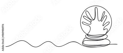 Elegant continuous single line drawing of a mysterious hand inside a futuristic snow globe, symbolizing fortune, destiny, and introspection for modern spiritual content and inspirational