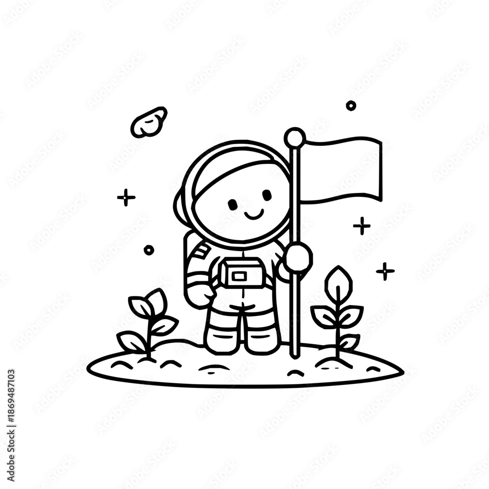 Fototapeta premium Smiling Astronaut Holding Flag on Moon with Plants