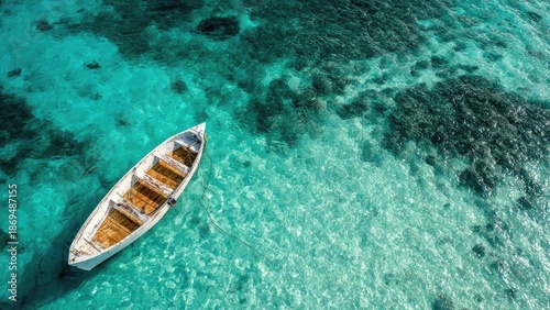 A small white wooden rowboat with brown seats floats in crystal clear turquoise water, tethered by a rope. Concept Tranquil seascape, White wooden rowboat, Turquoise water, Brown boat seats