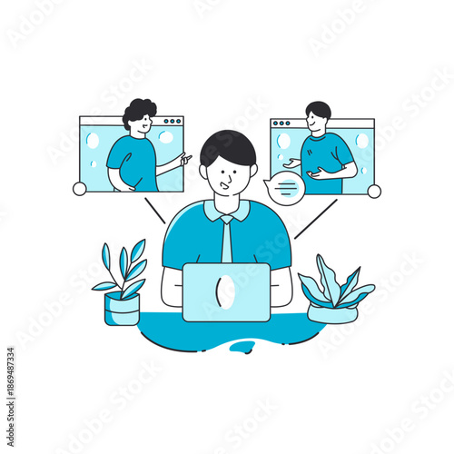 Remote team meeting and business discussion via video call in flat illustration style